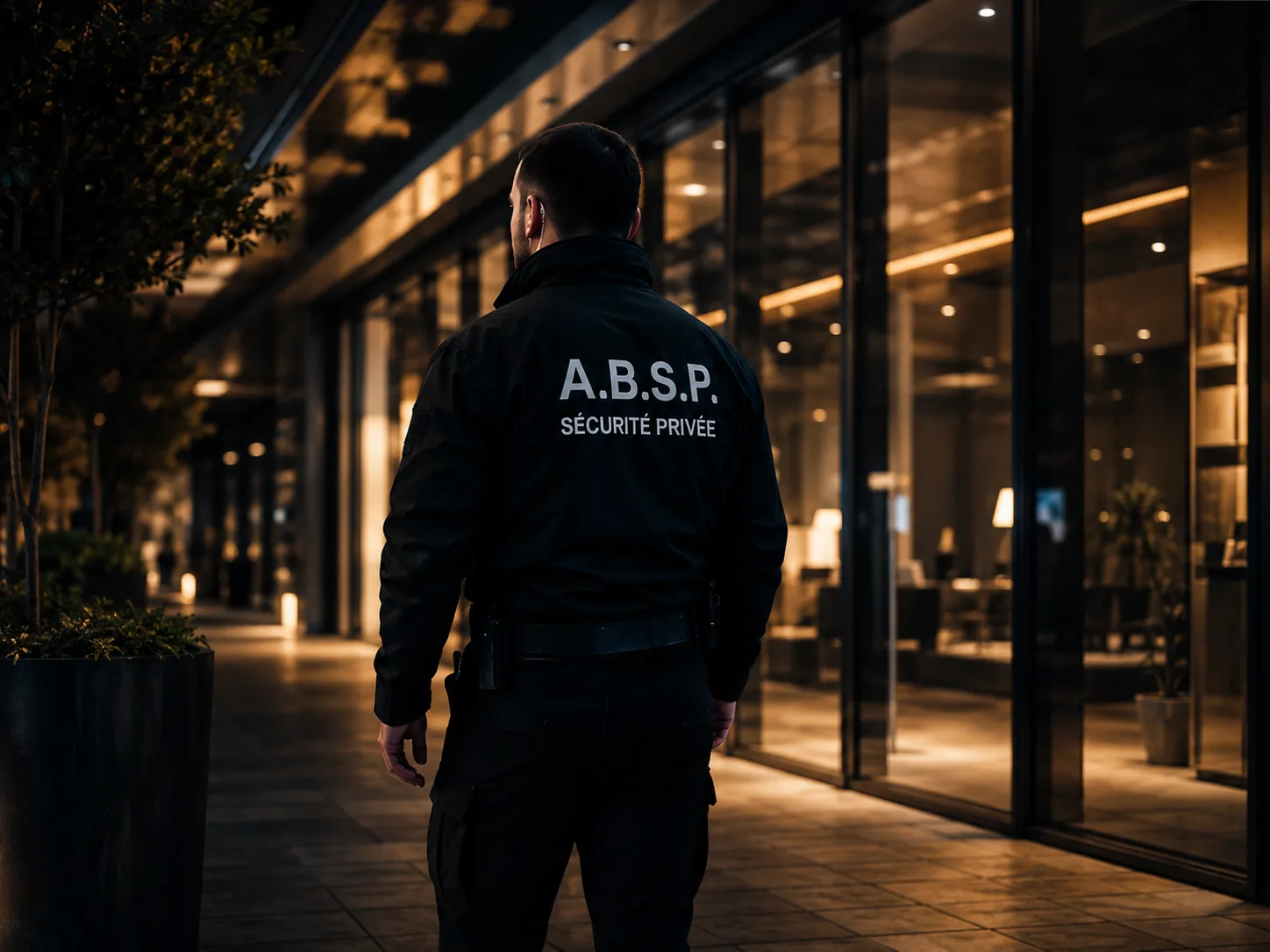 Agent A.B.S.P. en ronde de nuit devant un bâtiment tertiaire en Bretagne
